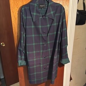 Lafayette 148 New York Blue and Green Trench Coat with Plaid Pattern